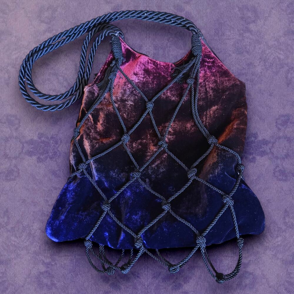 Vintage Capaccioli Italy Velvet Rope Bag, Blue Burgundy Ombré Silk, Gothic